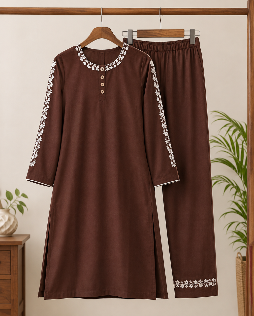 Elegant Brown Embroidered Kurta Pant Set