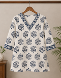 Ivory Blue Floral Printed Short Kurti