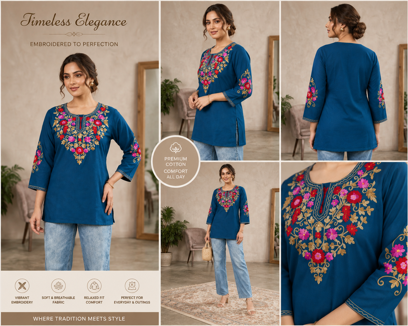 Women’s Premium Floral Embroidered Straight Short Kurti
