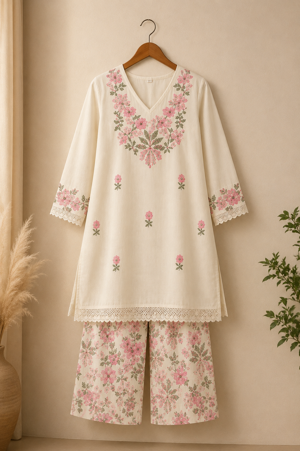 Ivory Bloom Floral Embroidered Cotton Kurta with Printed Palazzo Set