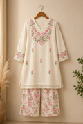 Ivory Bloom Floral Embroidered Cotton Kurta with Printed Palazzo Set