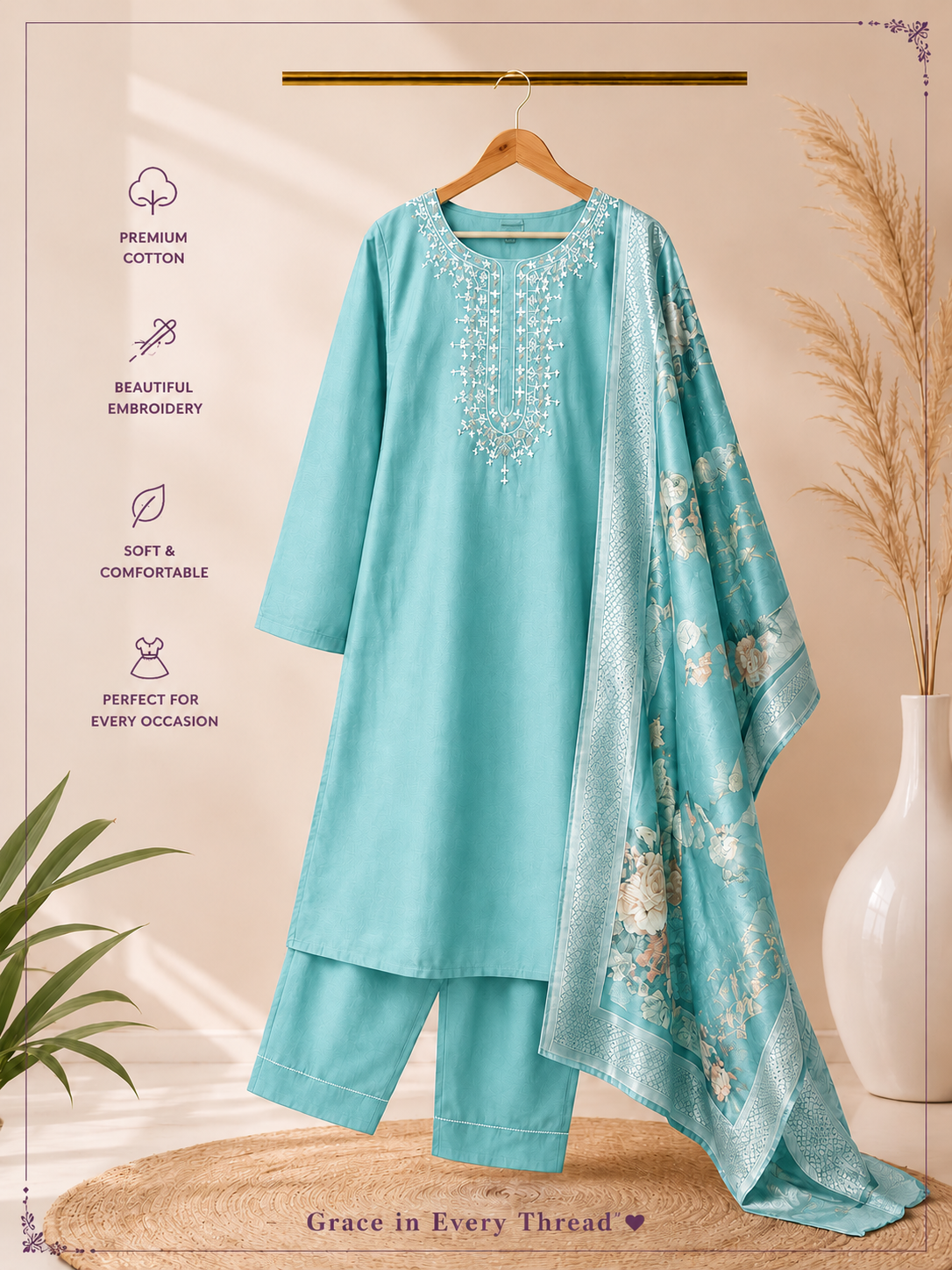 Elegant Embroidered 3-Piece Kurta Set