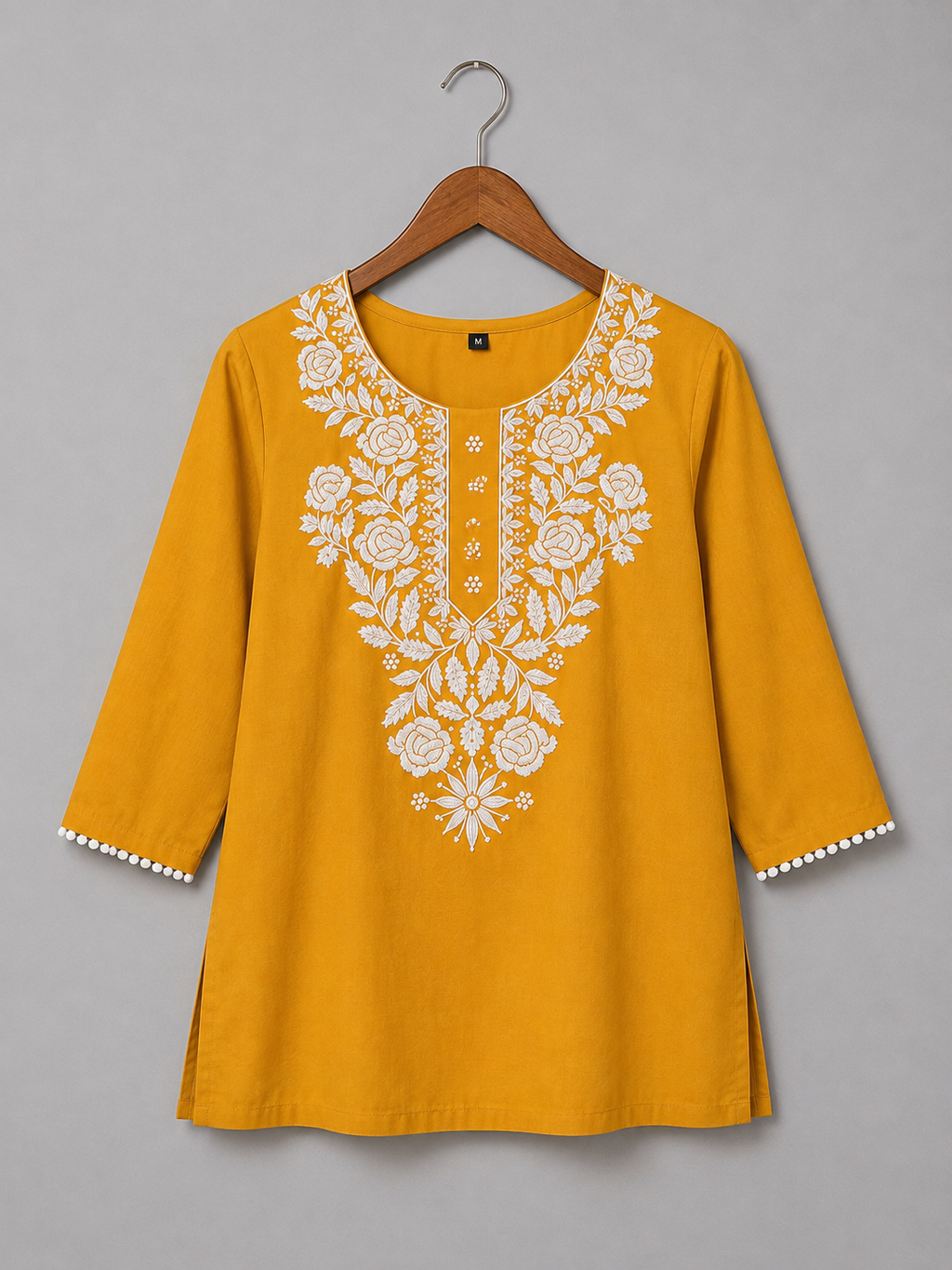Mustard Yellow Embroidered Cotton Kurti for Women