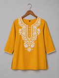 Mustard Yellow Embroidered Cotton Kurti for Women