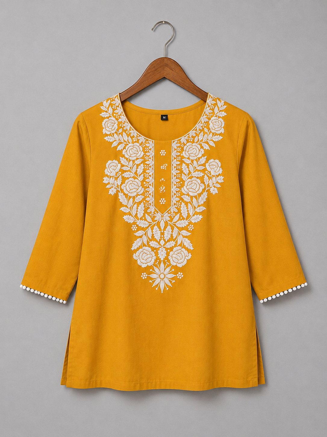 Mustard Yellow Embroidered Cotton Kurti for Women