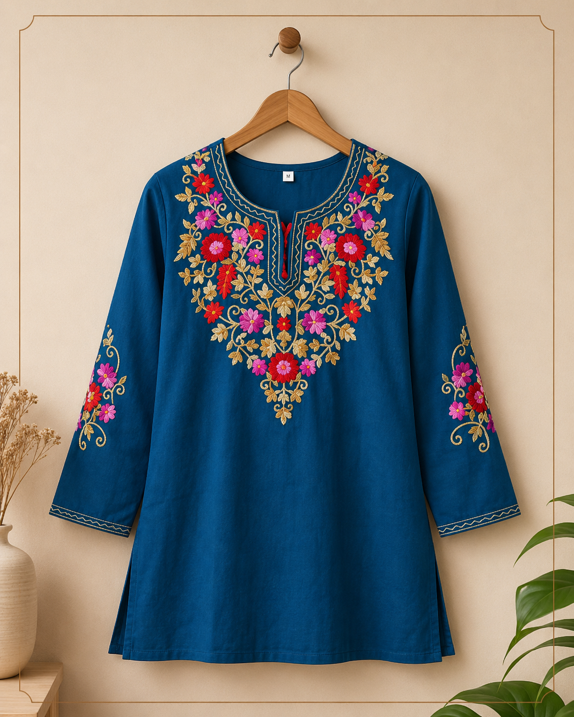 Women’s Premium Floral Embroidered Straight Short Kurti