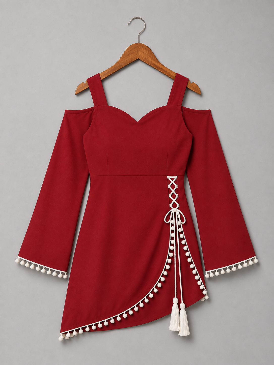 Elegant Cold-Shoulder Kurti with White Pom-Pom & Tassel Detailing