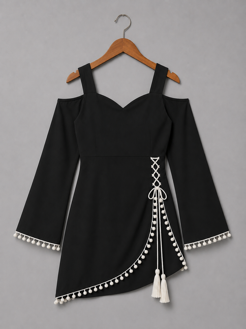 Elegant Cold-Shoulder Kurti with White Pom-Pom & Tassel Detailing