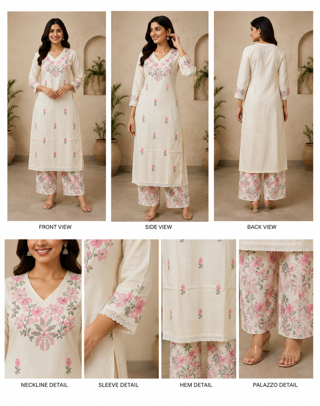 Ivory Bloom Floral Embroidered Cotton Kurta with Printed Palazzo Set
