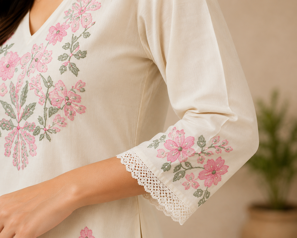 Ivory Bloom Floral Embroidered Cotton Kurta with Printed Palazzo Set