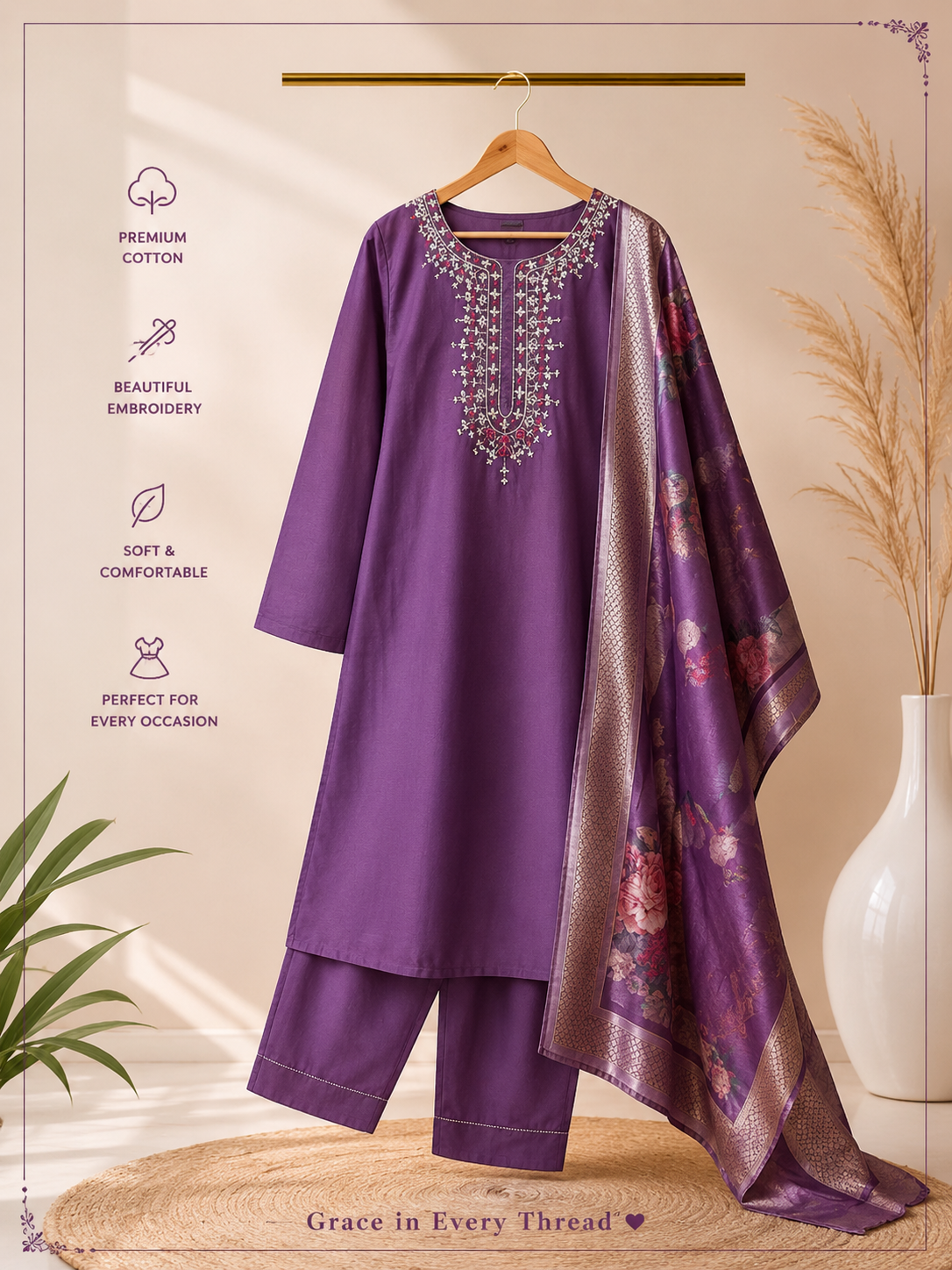 Elegant Embroidered 3-Piece Kurta Set