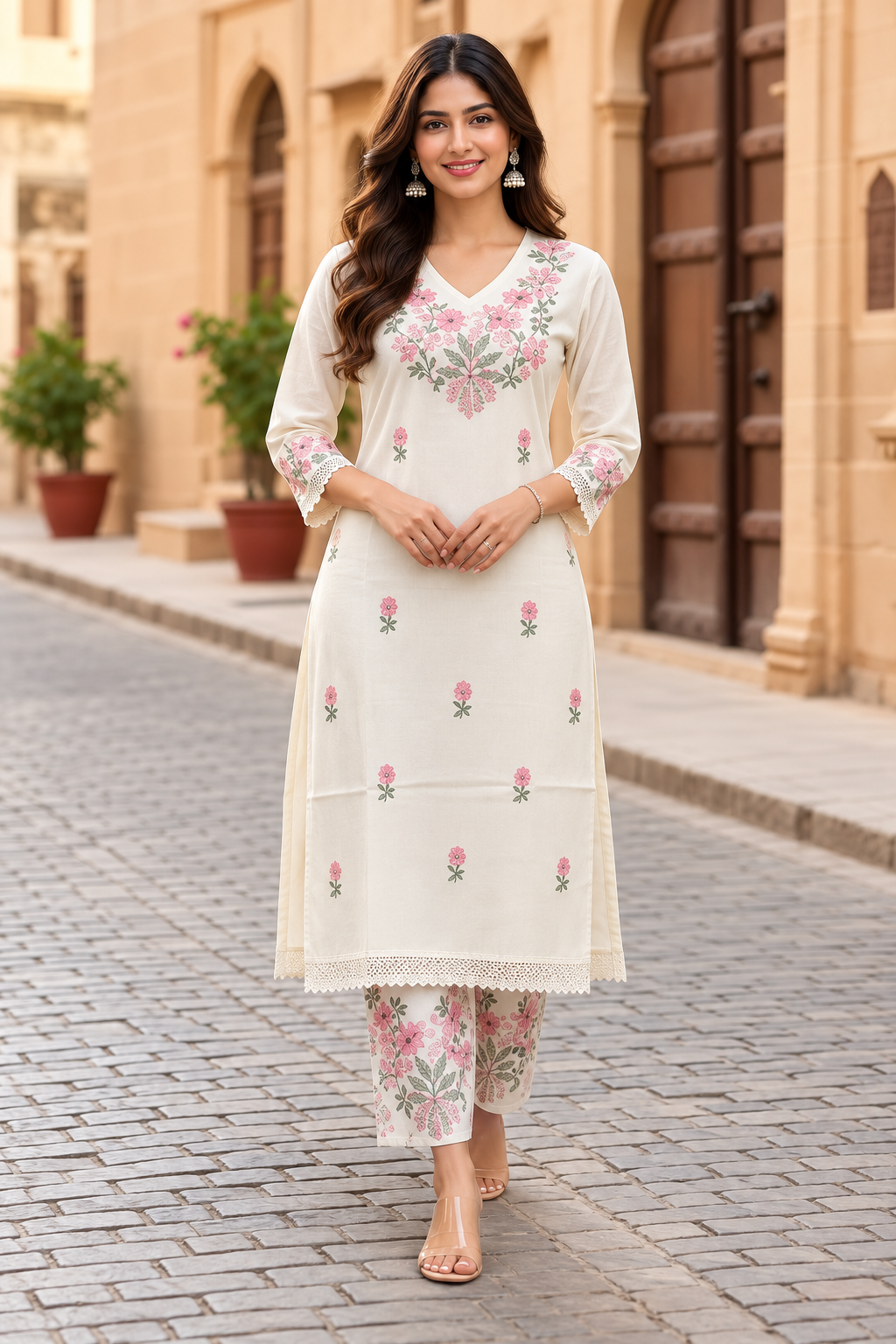 Ivory Bloom Floral Embroidered Cotton Kurta with Printed Palazzo Set