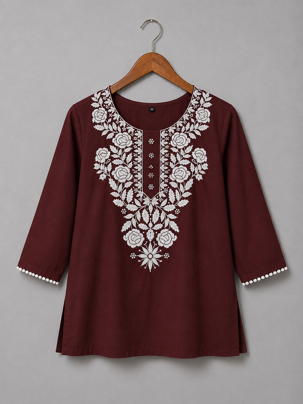 Maroon Embroidered Cotton kurti