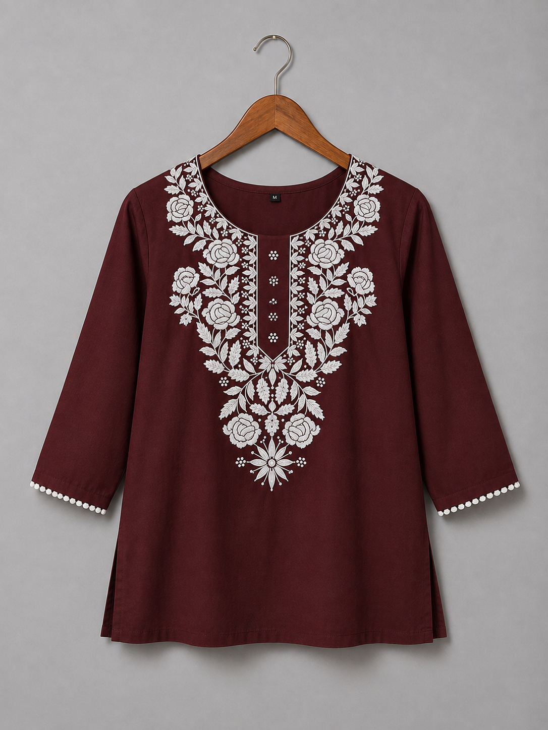Maroon Embroidered Cotton kurti