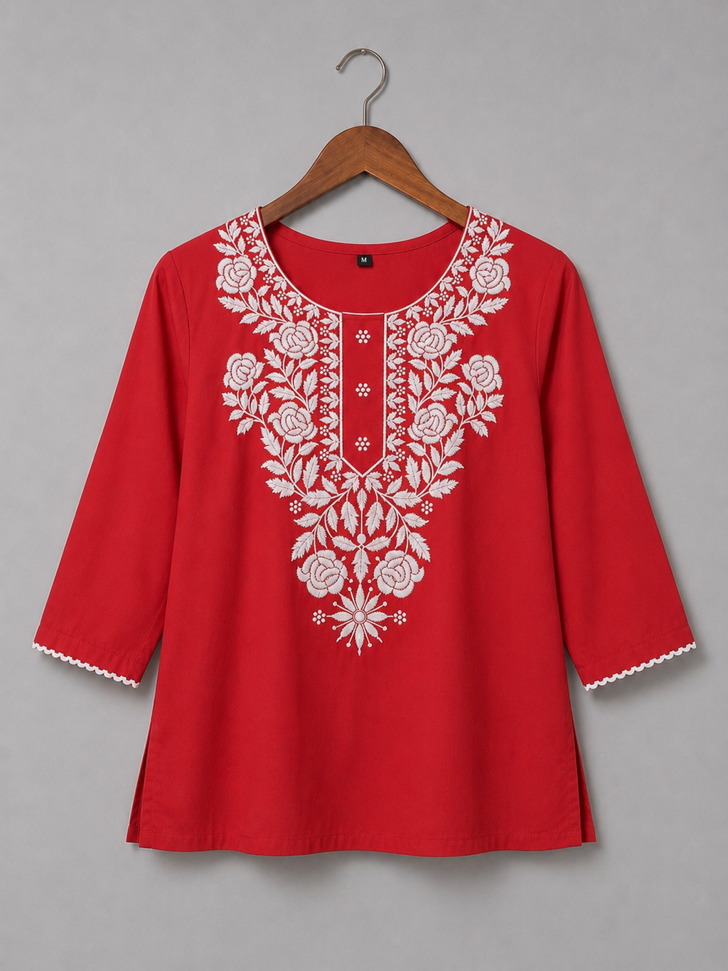 Red Embroidered Cotton Kurti