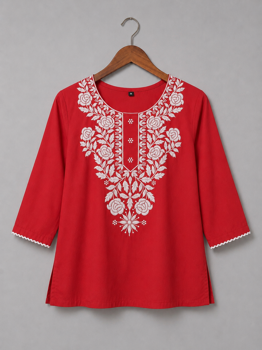 Red Embroidered Cotton Kurti