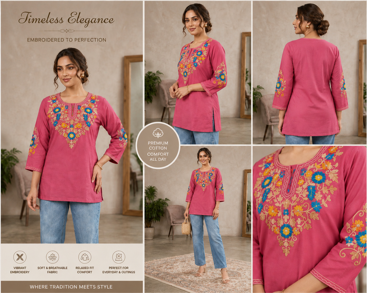 Women’s Premium Floral Embroidered Straight Short Kurti