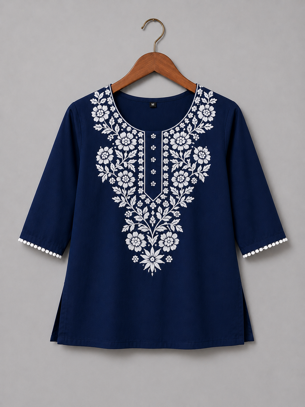 Navy Blue Embroidered Cotton Kurti