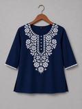 Navy Blue Embroidered Cotton Kurti