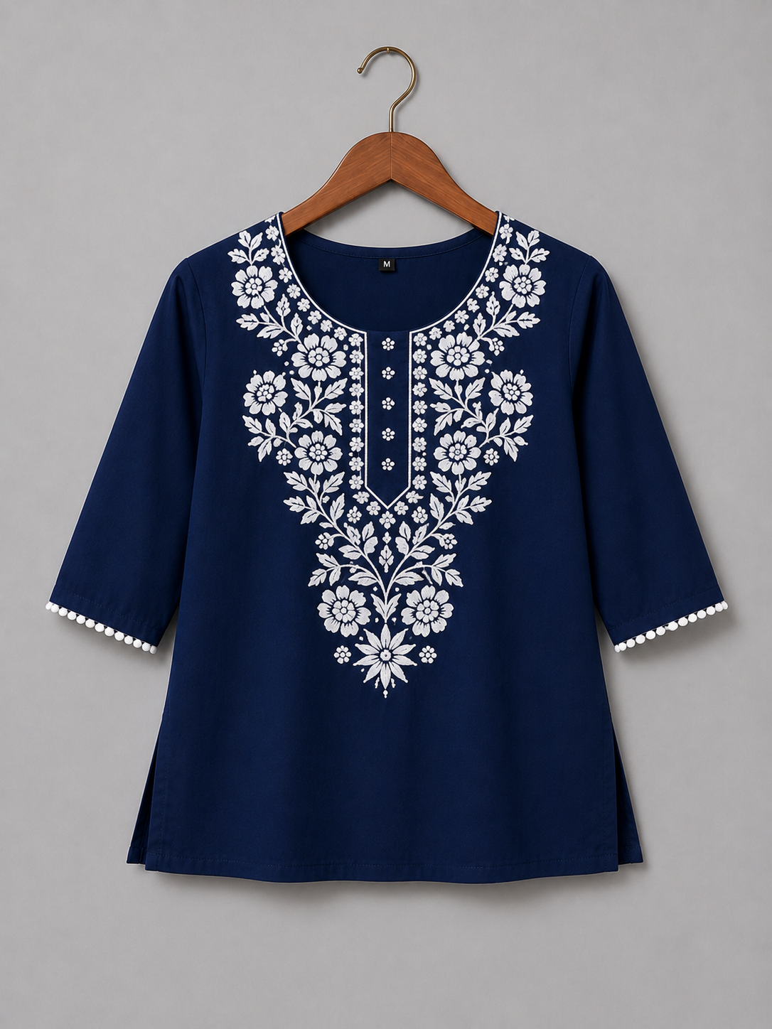 Navy Blue Embroidered Cotton Kurti