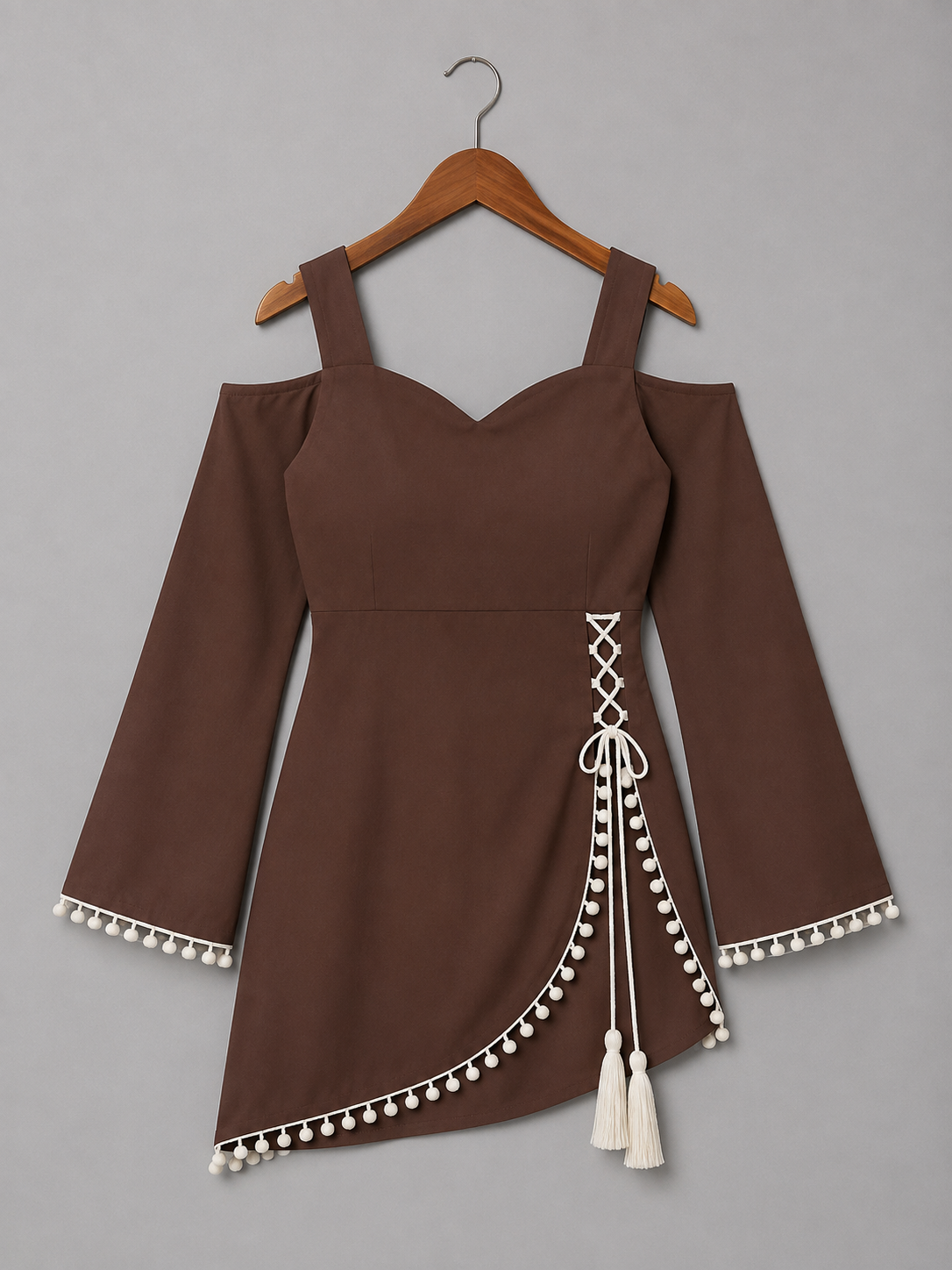 Elegant Cold-Shoulder Kurti with White Pom-Pom & Tassel Detailing