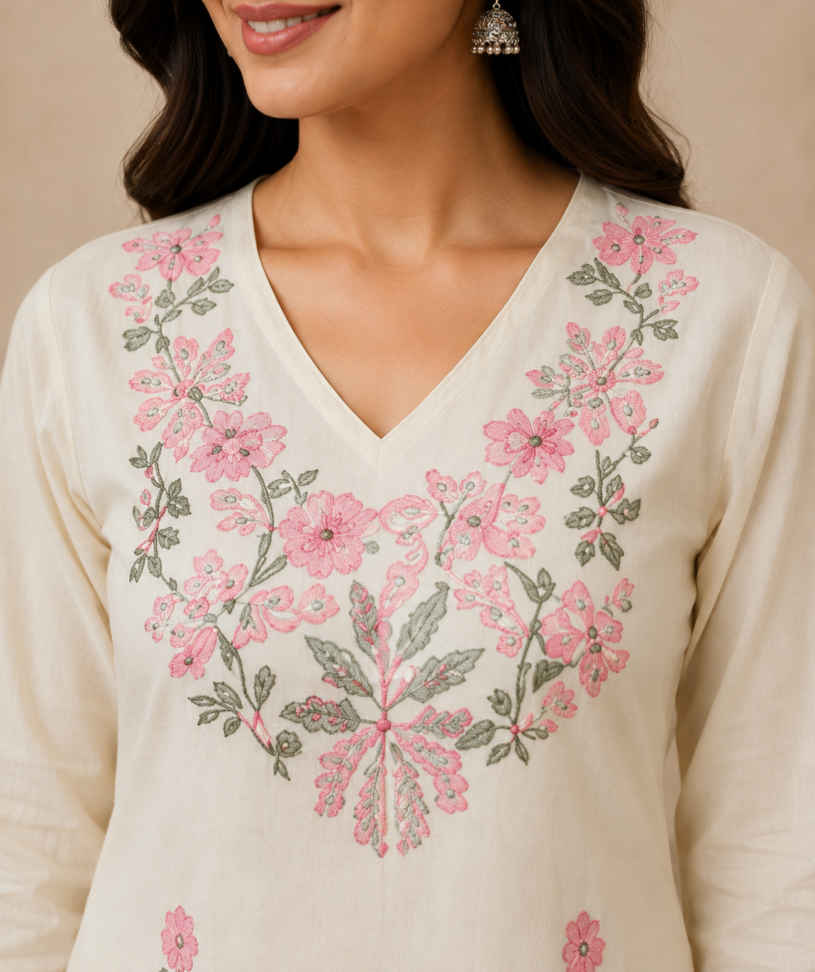 Ivory Bloom Floral Embroidered Cotton Kurta with Printed Palazzo Set